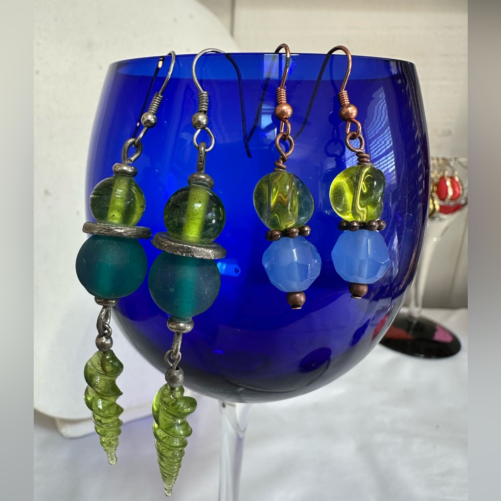 Two Pair Blue Green Glass Earrings